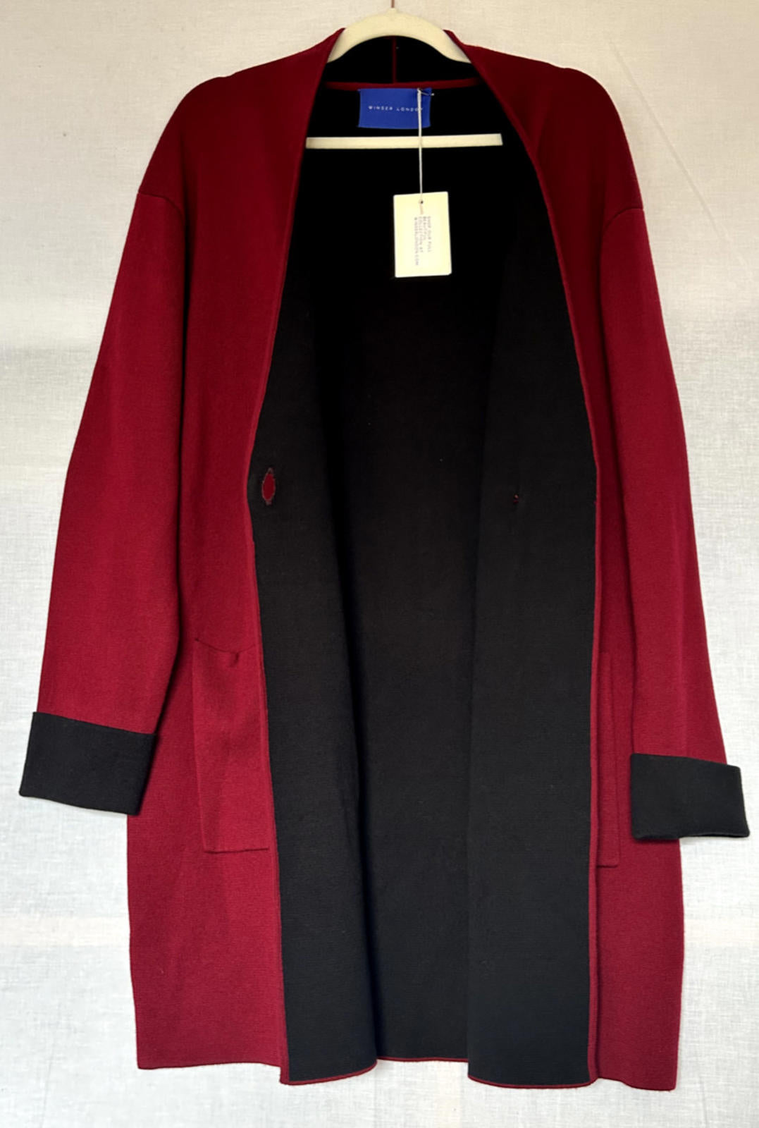 WINSER LONDON Coatigan Large Burgundy & Black Wool Blend Pockets Knitted BNWT