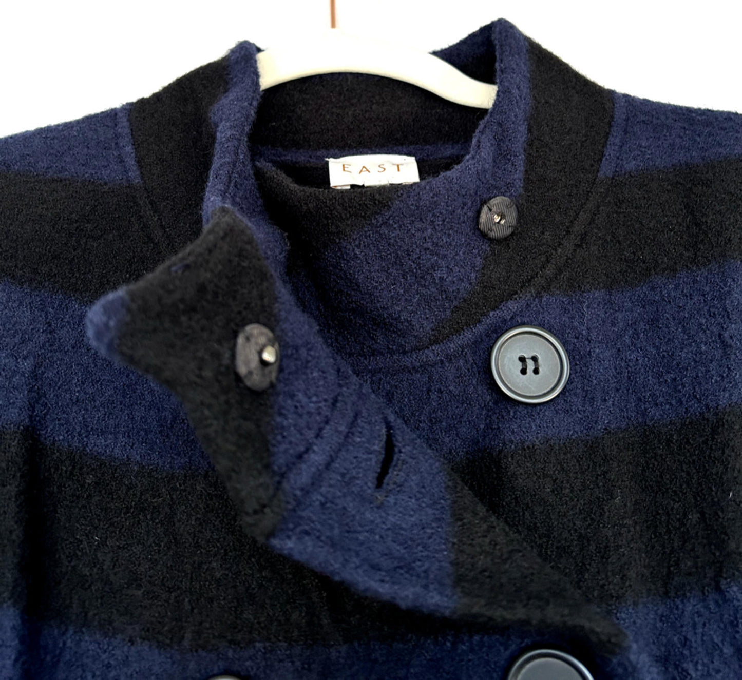 EAST Jacket M Blue & Black Striped Boiled Wool Pea Coat Buttons