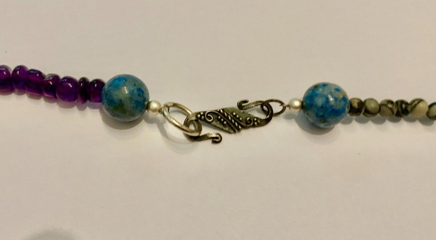 Necklace Mexican Crazy Lace Agate, Prehnite, Ruby, Pearl, Turquoise, Bali