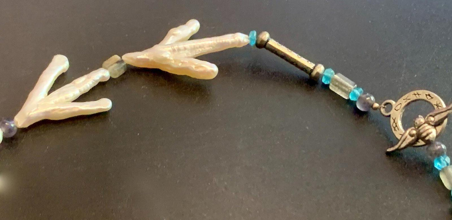 Necklace Pearl & Sapphire Beads Large Baroque Silver Bee Toggle Clasp 17 ins