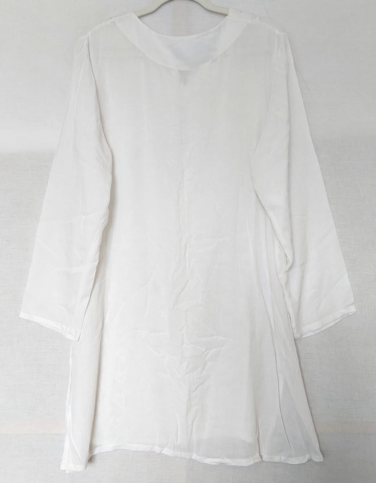 Kaftan Tunic OS White Cheesecloth Embroidered Notch Neckline