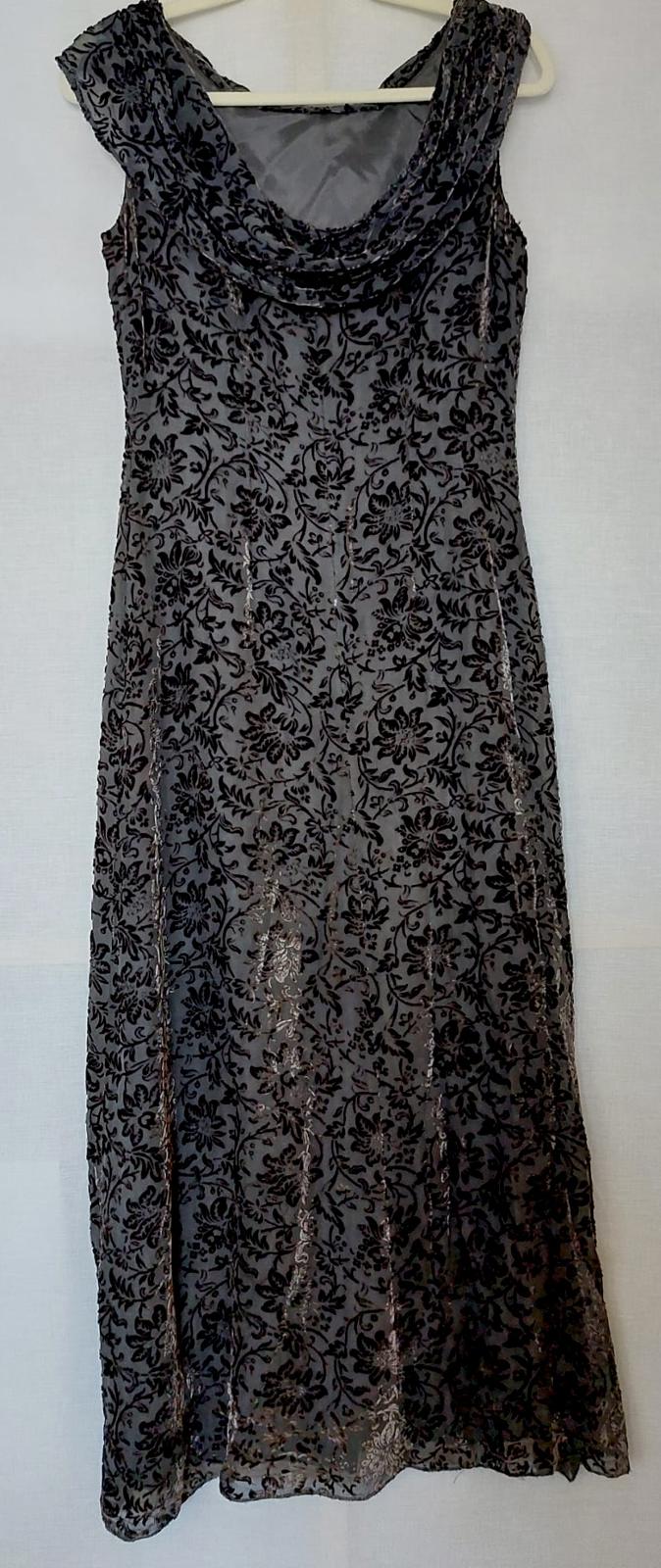 Laura Ashley Evening Dress 12 Black & Charcoal Grey Silk Blend Devoré Maxi