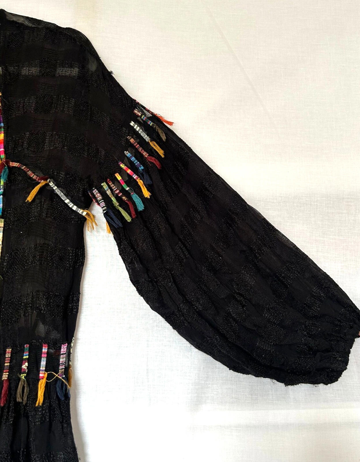 ZARA Jacket Coat Small Black Sheer Colourful Tassels Midi Length Long Sleeves