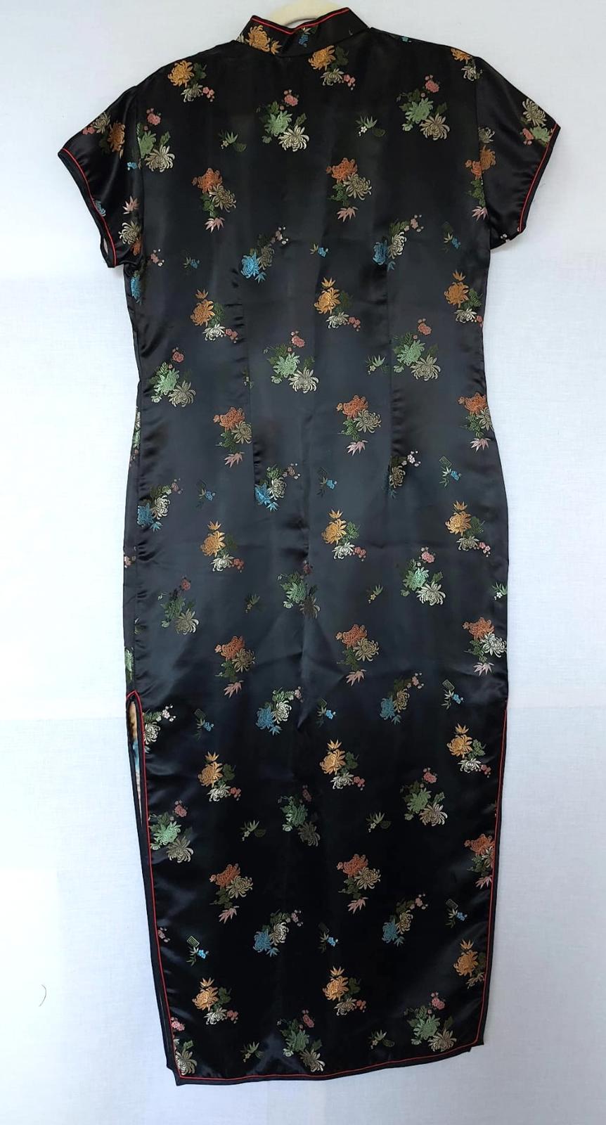 Silk Dress 14 Black Vintage Floral Frog Fastening Contrast Piping Side Slits