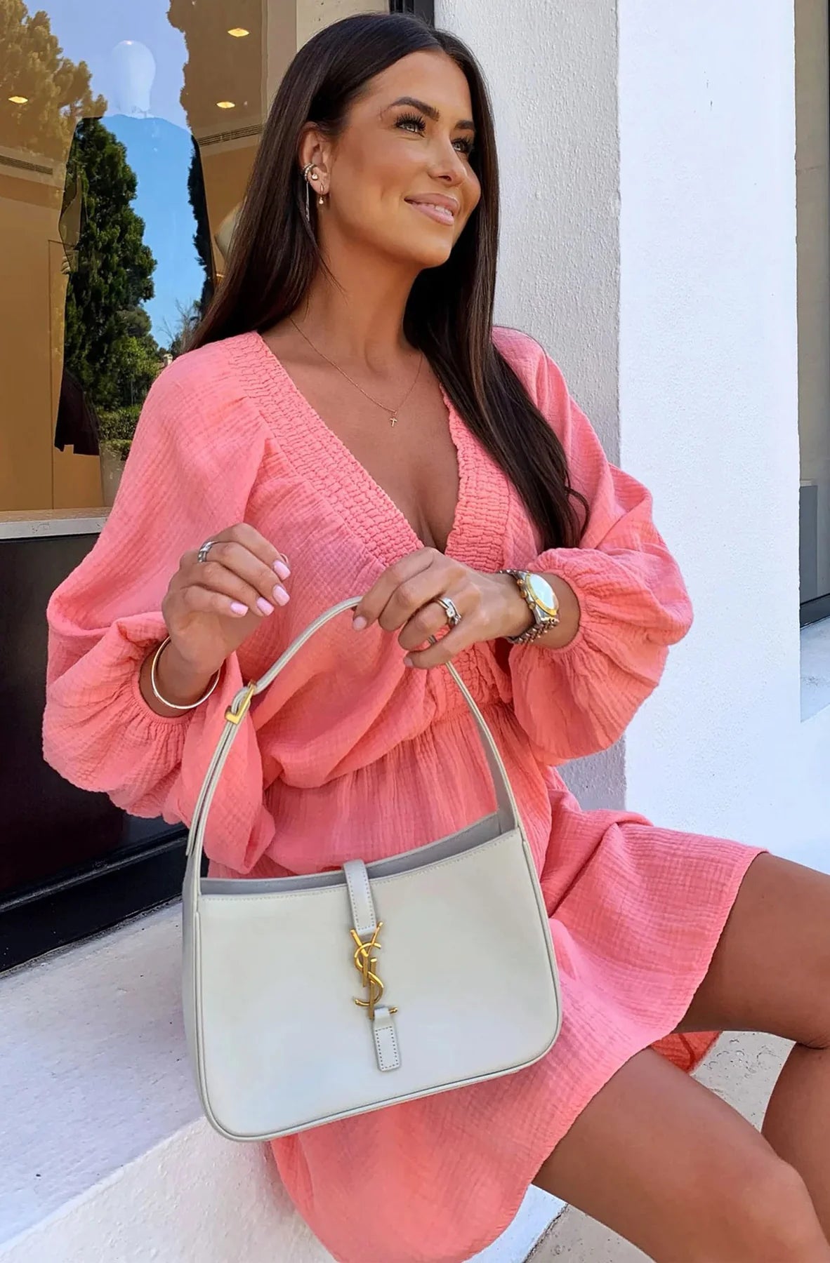 Cotton Dress Coral V Neck Puff Sleeves OS Fits 8 to 12 BNWT