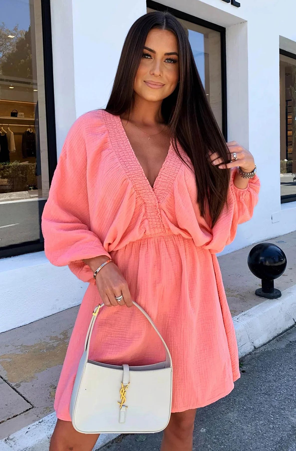 Cotton Dress Coral V Neck Puff Sleeves OS Fits 8 to 12 BNWT