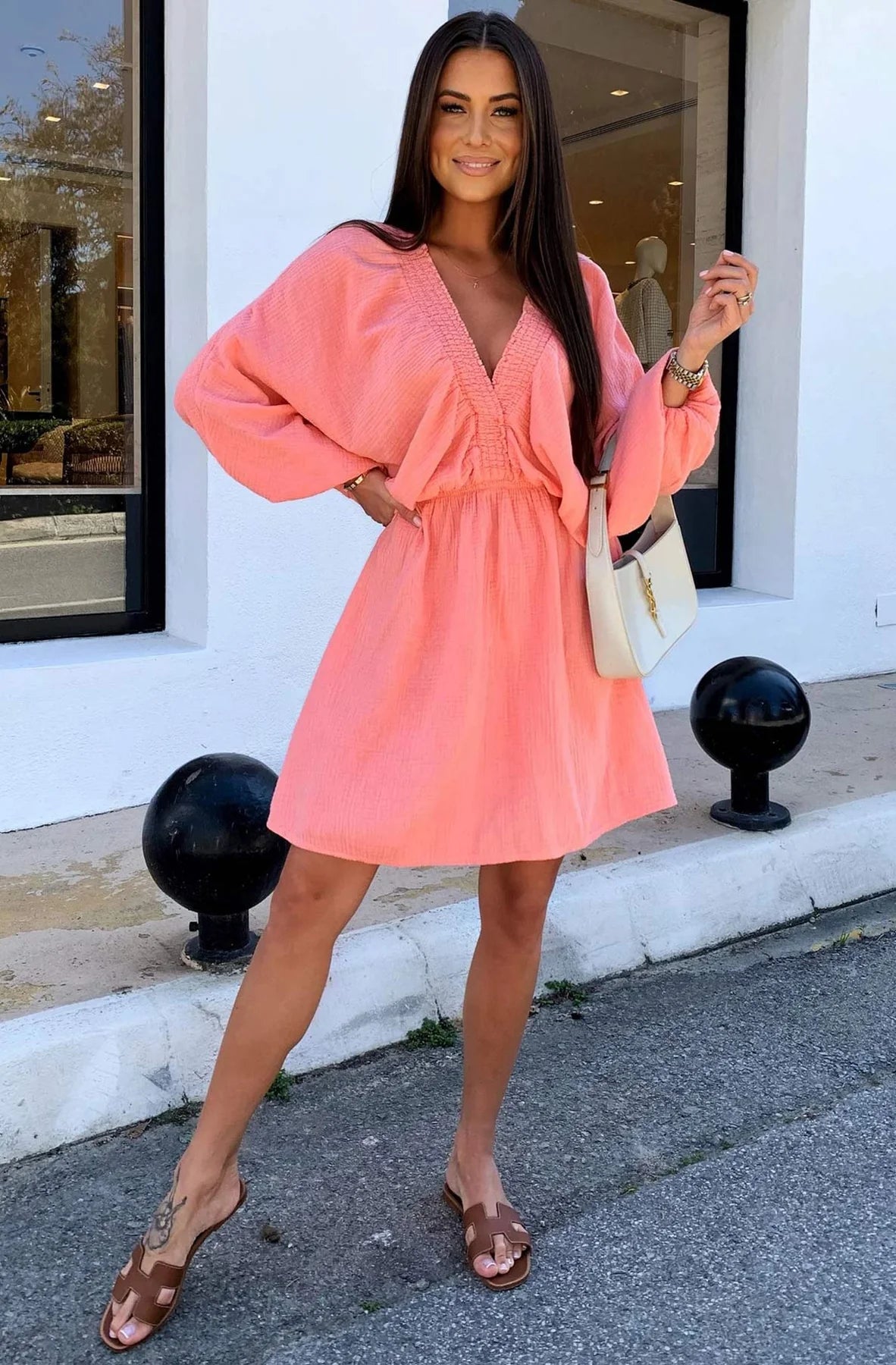 Cotton Dress Coral V Neck Puff Sleeves OS Fits 8 to 12 BNWT