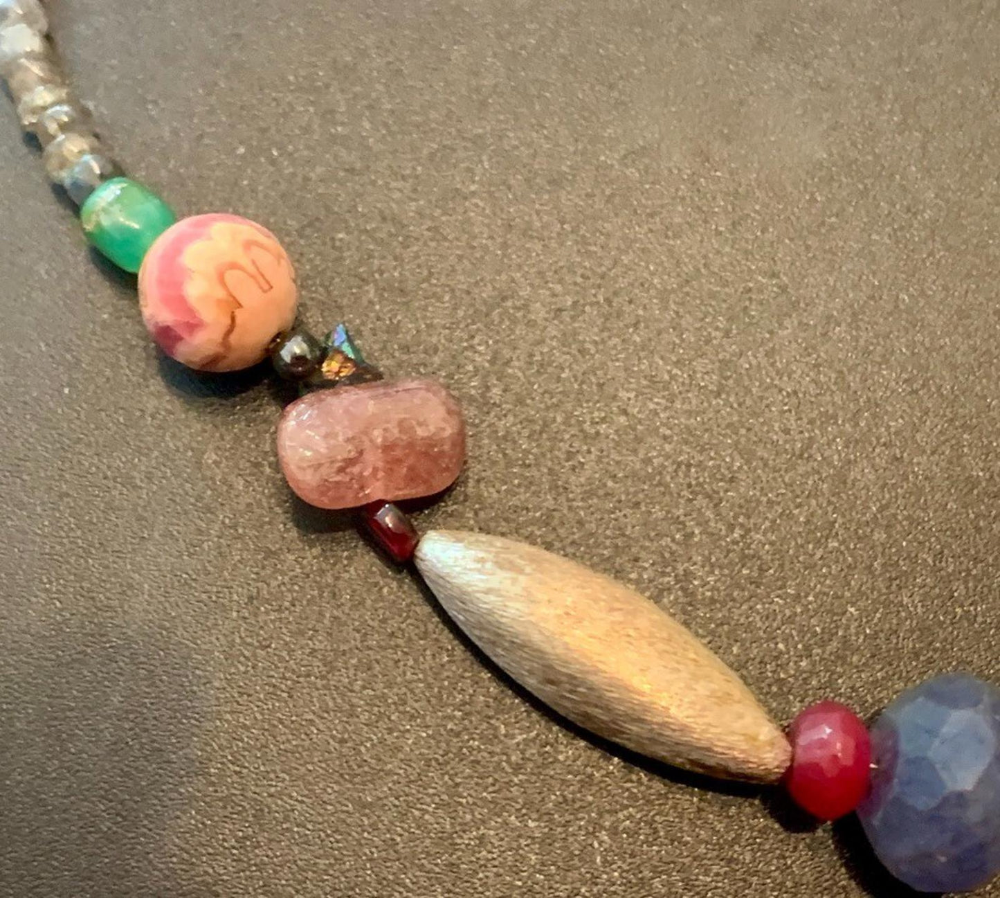 Necklace Sapphire Ruby Moonstone Rhodochrosite Quartz Silver Clasp