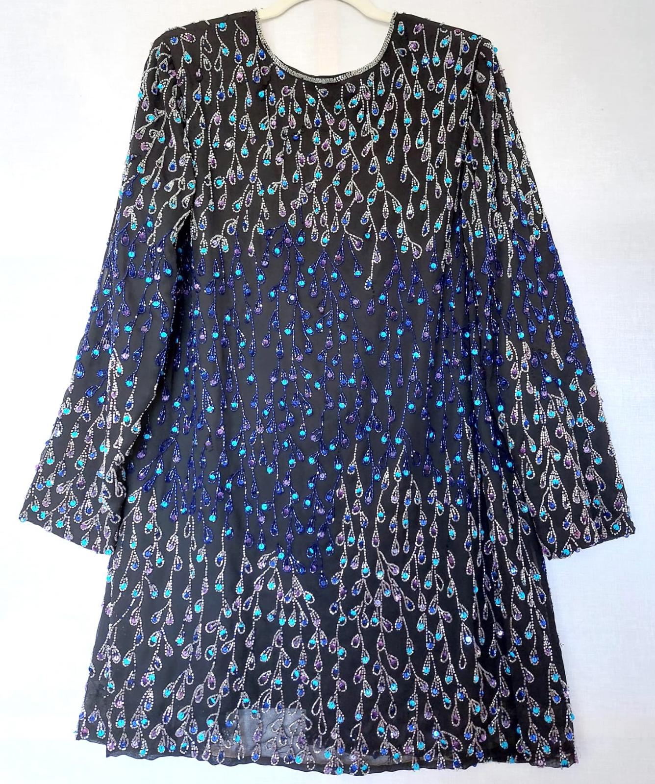 Evening Jacket 22 Black Blue Sequins Beads Lined Long Sleeves Midi Length