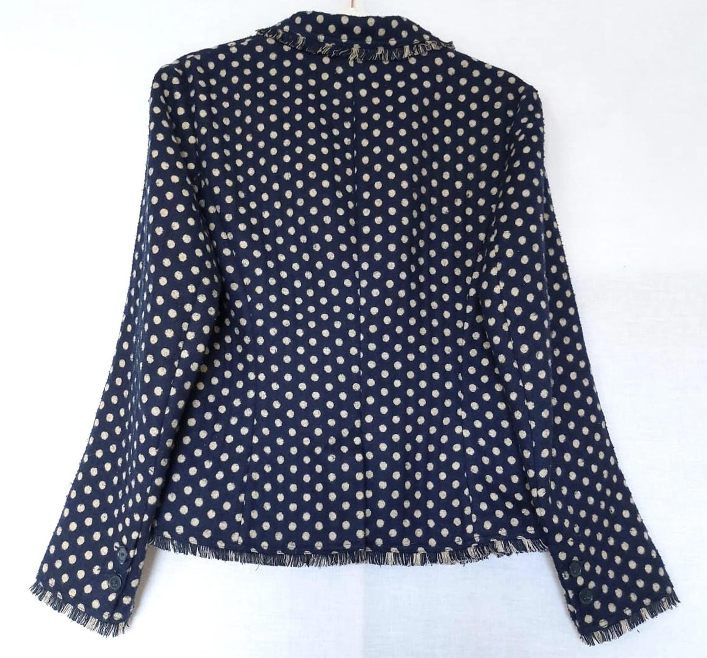 BODEN Jacket 12 Navy Spot Wool Blend Pockets Fringe Trim