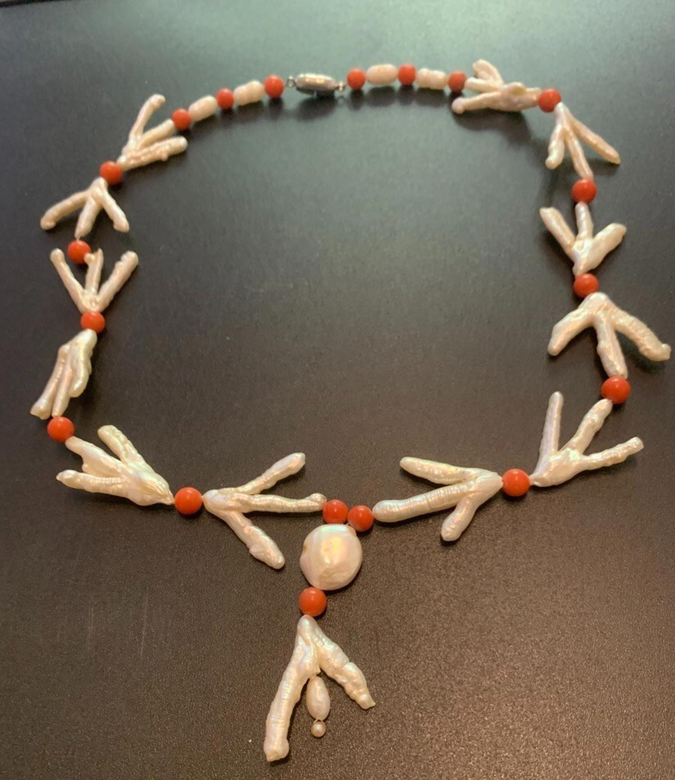 Necklace Large Baroque Pearl and Coral Beads Boho 20 ins