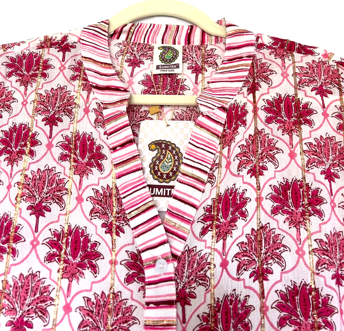 Tunic Dress Free Size Pink & Gold Ruffle Hem Button Through Contrast Trim BNWT