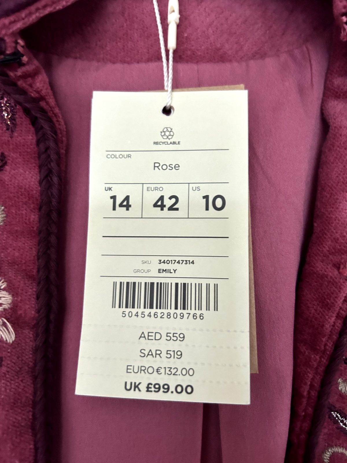 MONSOON Jacket 14 Rose Velvet Embroidered Pockets Long Sleeves BNWT