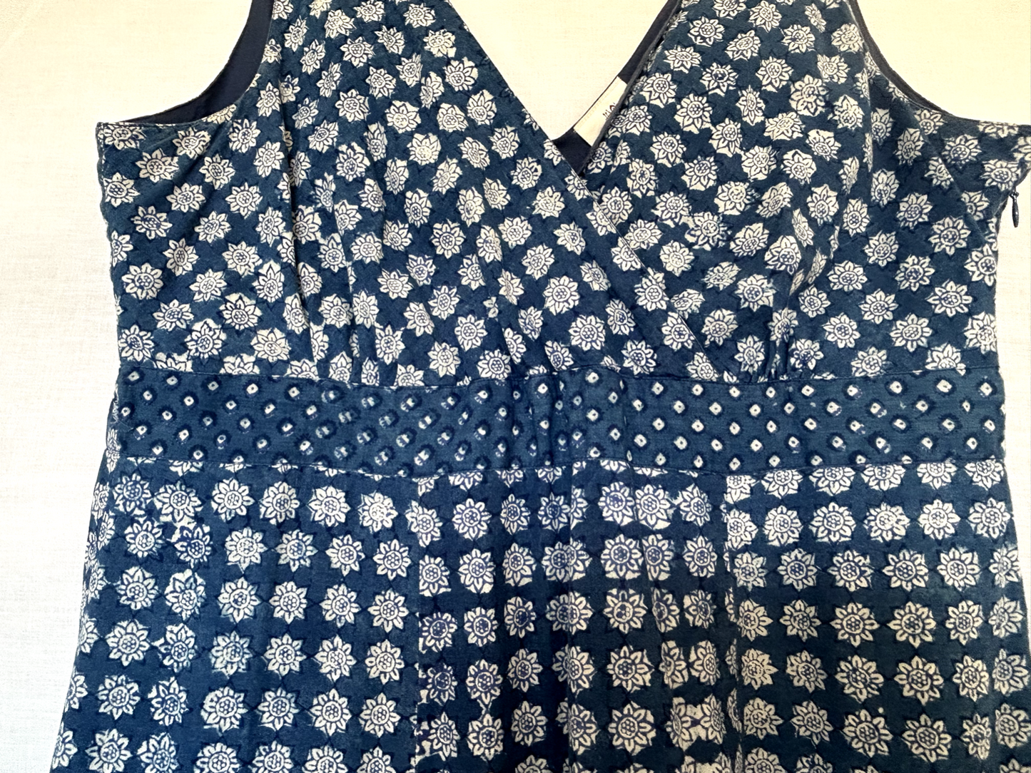 ANOKHI Dress 16 Blue & White Cotton Hand Block Printed Midi Length (Pre-Loved)