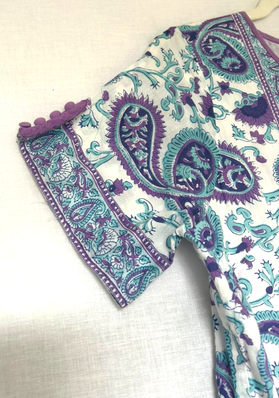 PENNY PLAIN Dress 12 Purple & Turquoise Cotton Hand Block Printed Buttons Lined (Pre-Loved)