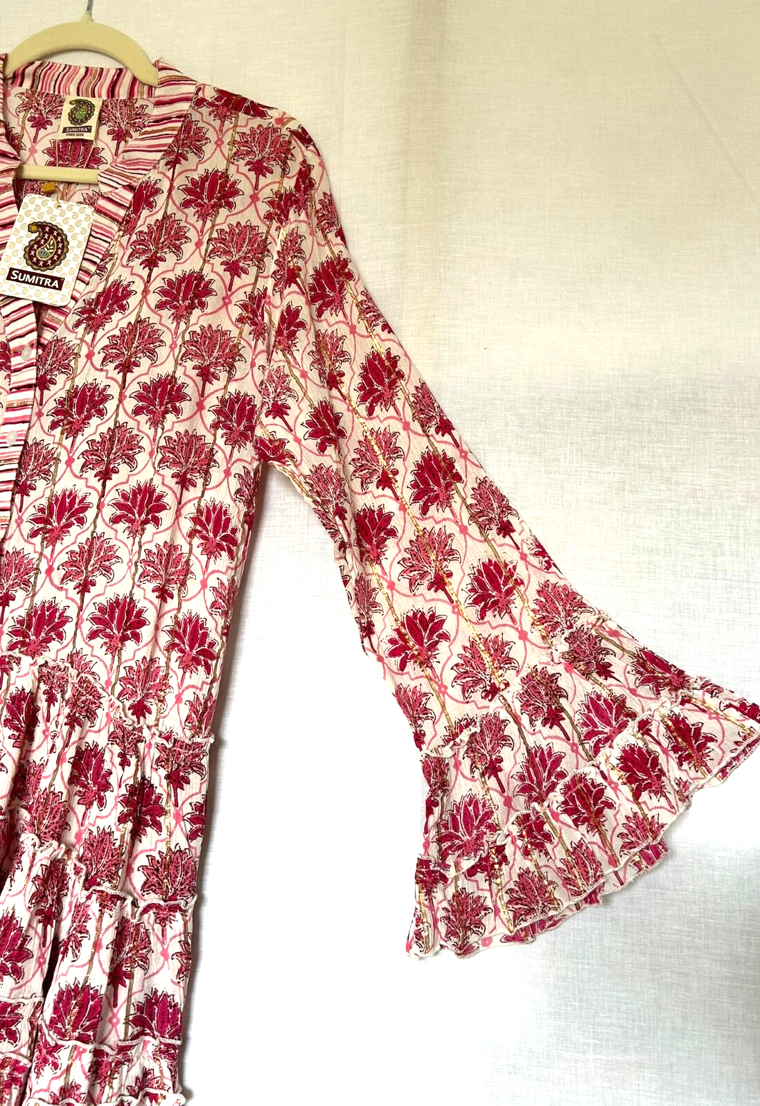Tunic Dress Free Size Pink & Gold Ruffle Hem Button Through Contrast Trim BNWT