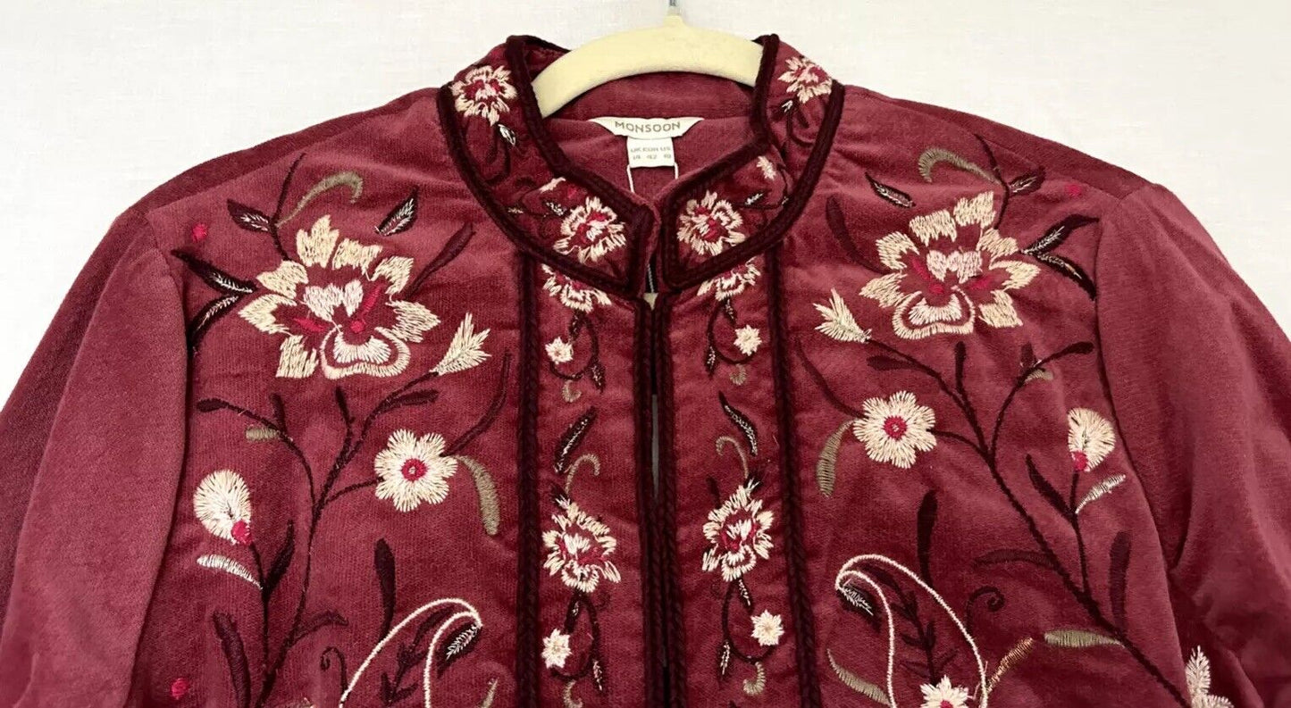 MONSOON Jacket 14 Rose Velvet Embroidered Pockets Long Sleeves BNWT