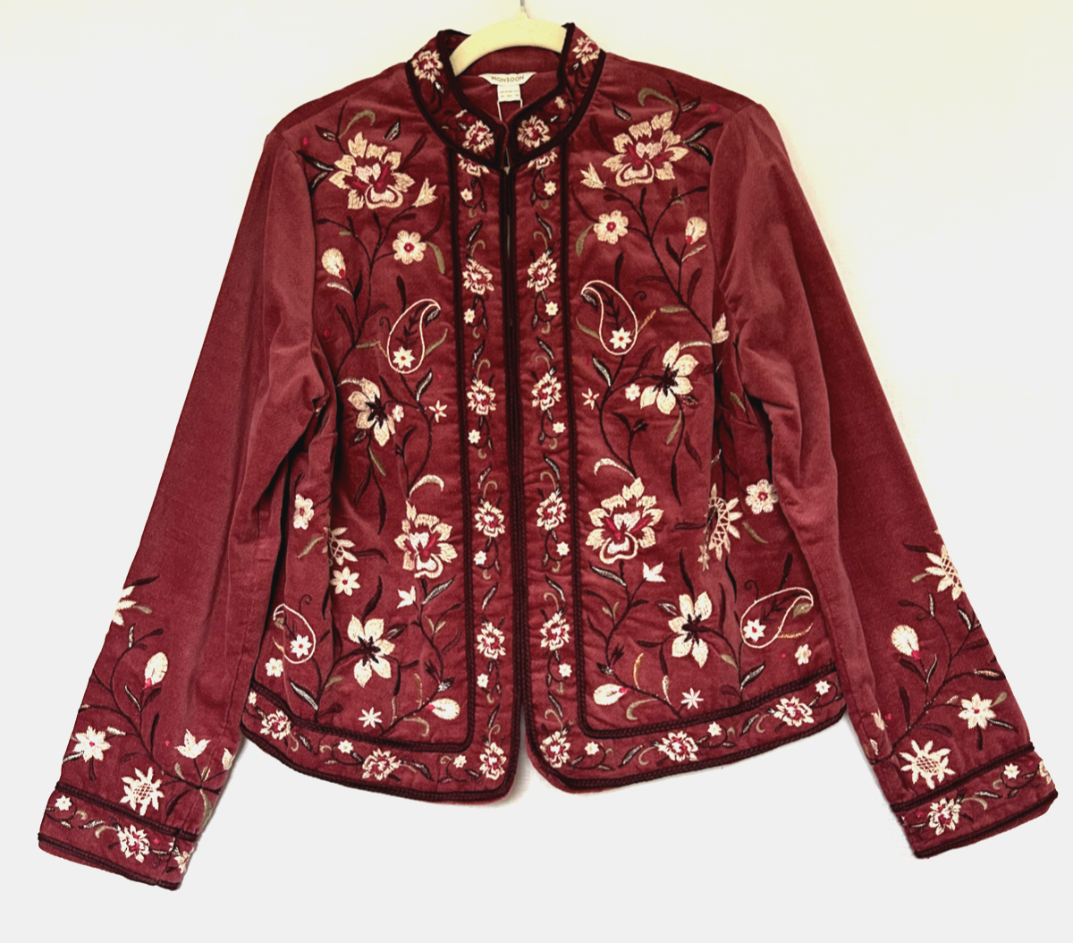 MONSOON Jacket 14 Rose Velvet Embroidered Pockets Long Sleeves BNWT