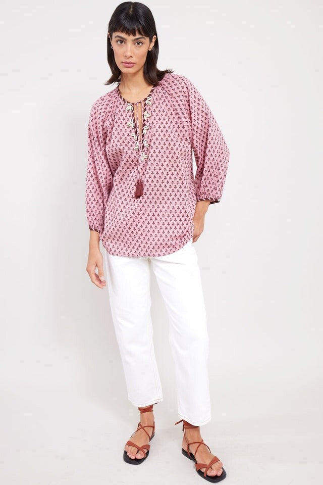 EAST Tunic Top 14 Cotton Libi Hand Block Printed Pink Tassels Side Slits BNWT