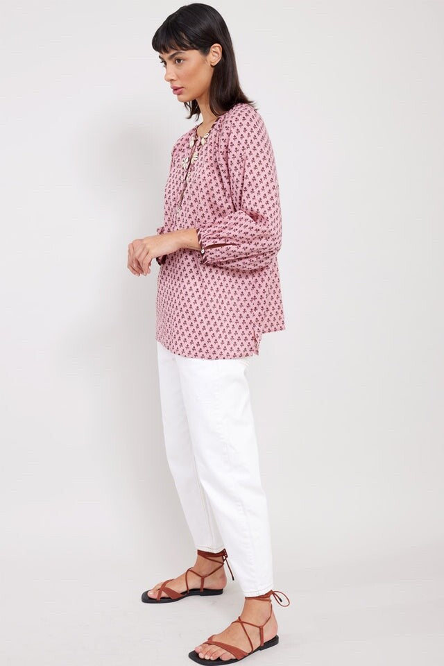 EAST Tunic Top 14 Cotton Libi Hand Block Printed Pink Tassels Side Slits BNWT