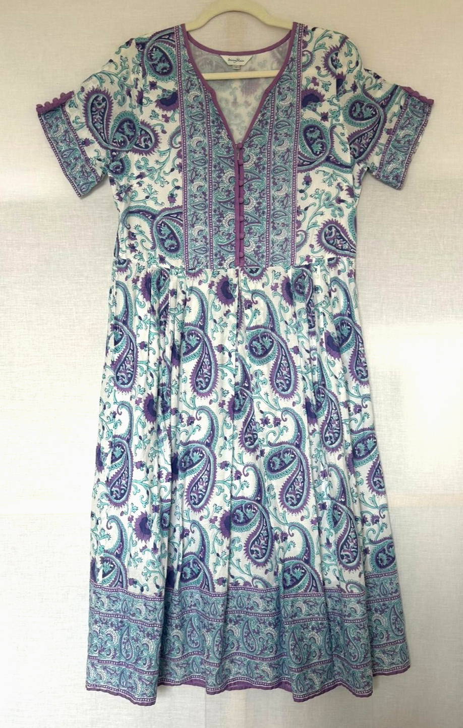 PENNY PLAIN Dress 12 Purple & Turquoise Cotton Hand Block Printed Buttons Lined (Pre-Loved)