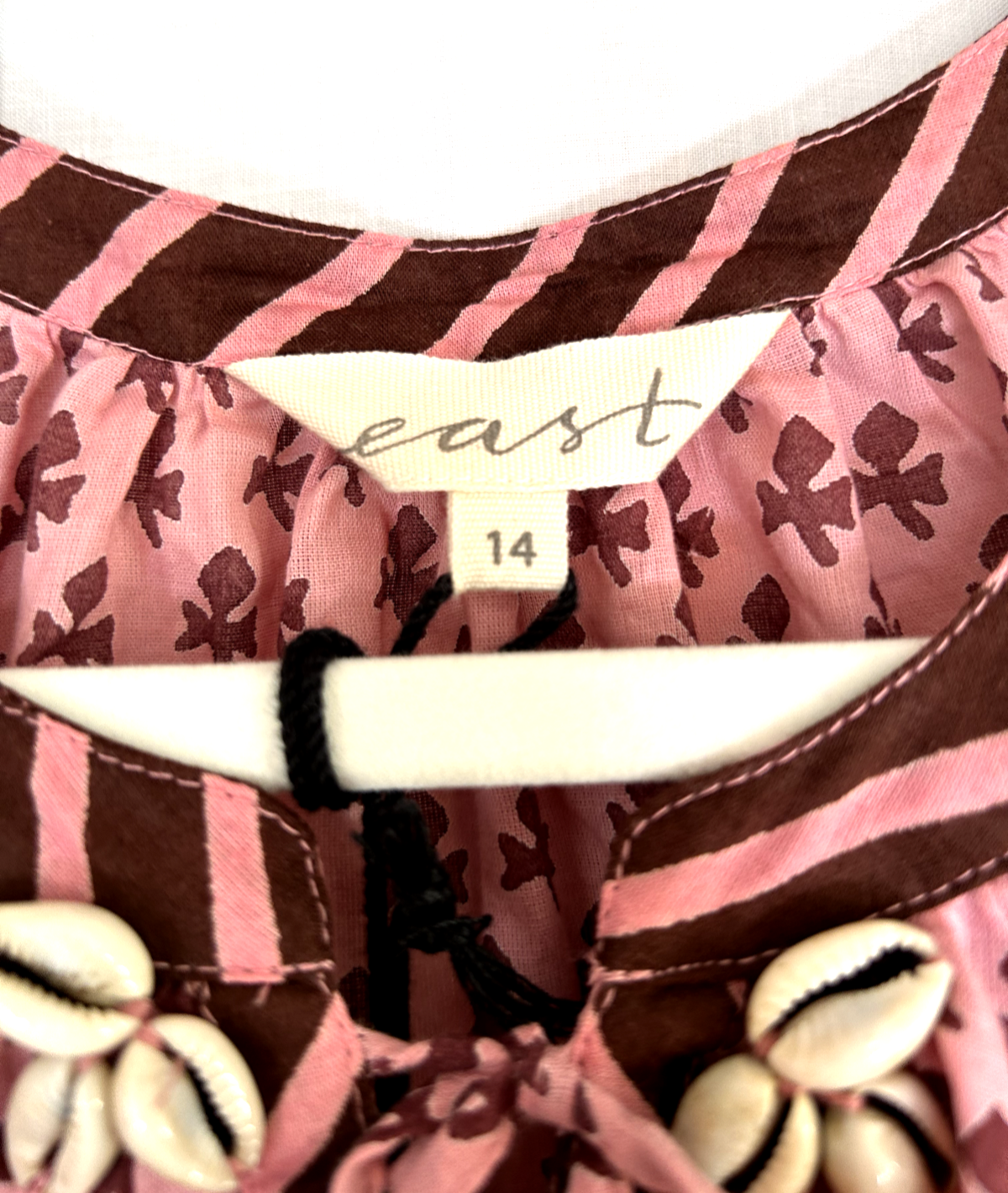 EAST Tunic Top 14 Cotton Libi Hand Block Printed Pink Tassels Side Slits BNWT