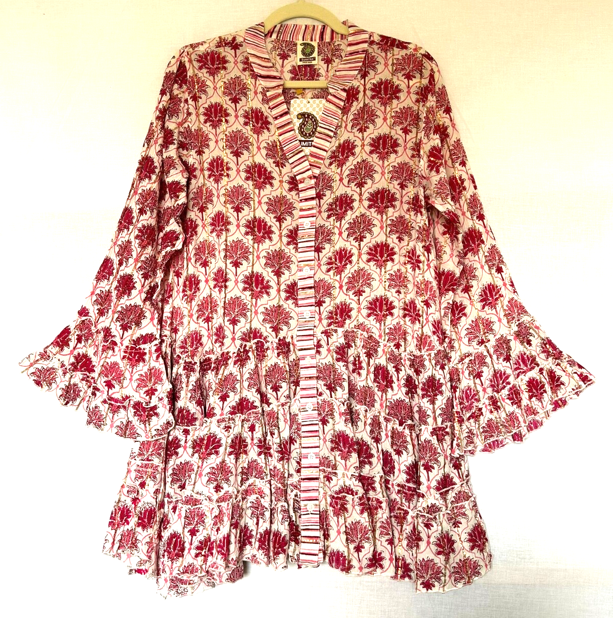 Tunic Dress Free Size Pink & Gold Ruffle Hem Button Through Contrast Trim BNWT