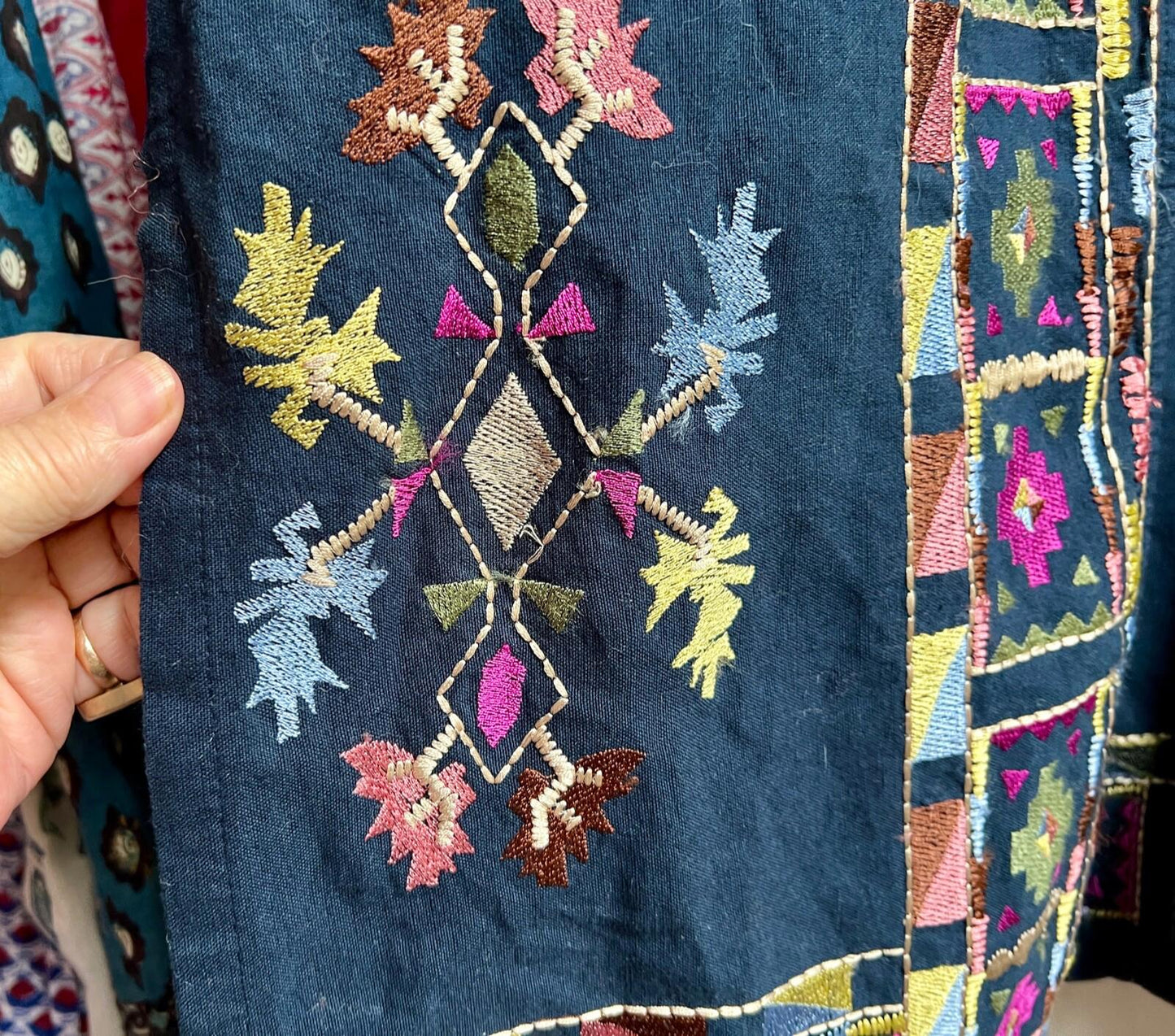 ZARA Coat XS Blue Cotton Embroidered Boho Ethnic Kimono Jacket Long Sleeves