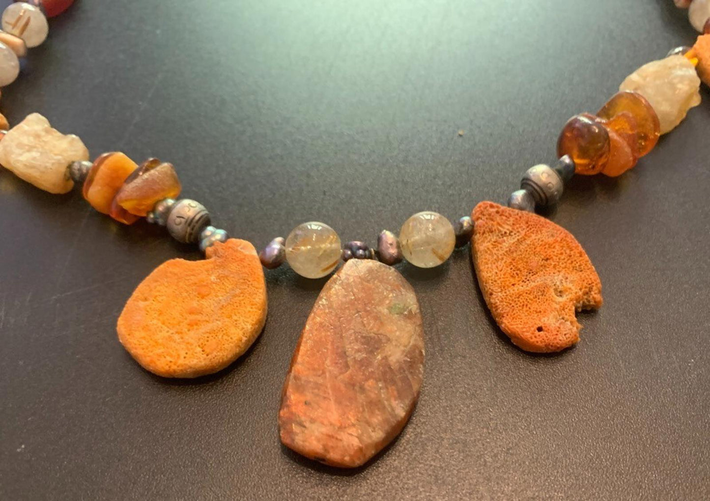 Necklace Sunstone Raw Coral Amber Carnelian Pearl Citrine 22 ins