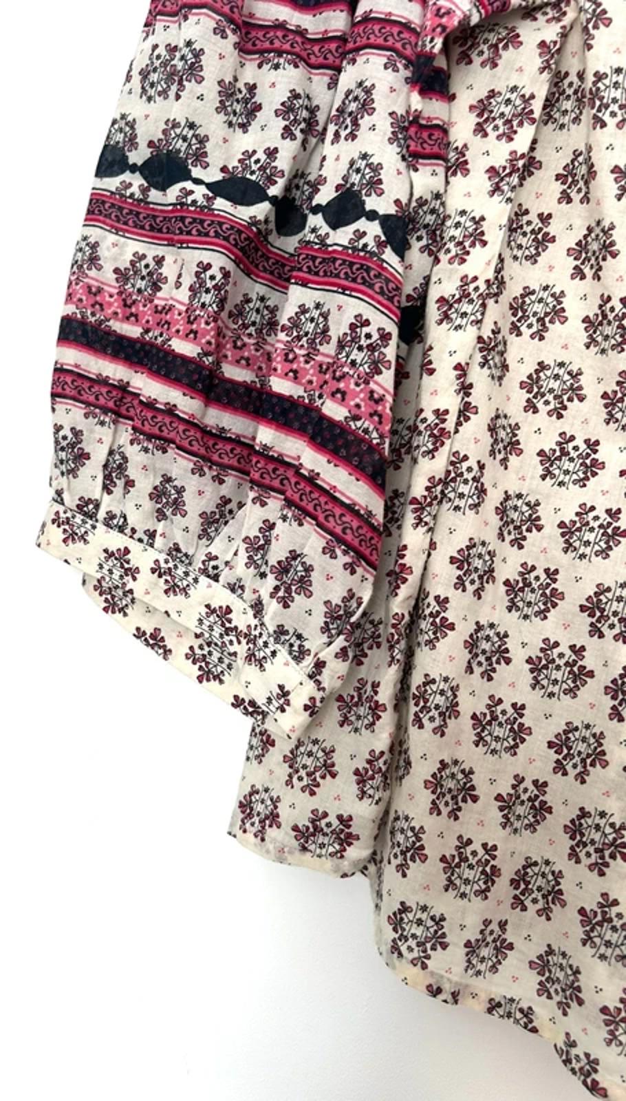 Per Una Tunic Top Medium Cotton Block Printed Faux Wrap Contrast Sleeves