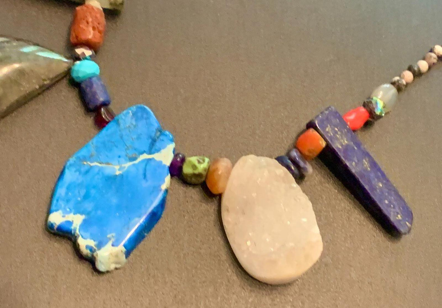 Necklace Lapis, Labradorite, Druzy Quartz, Coral,  Prehnite, Silver