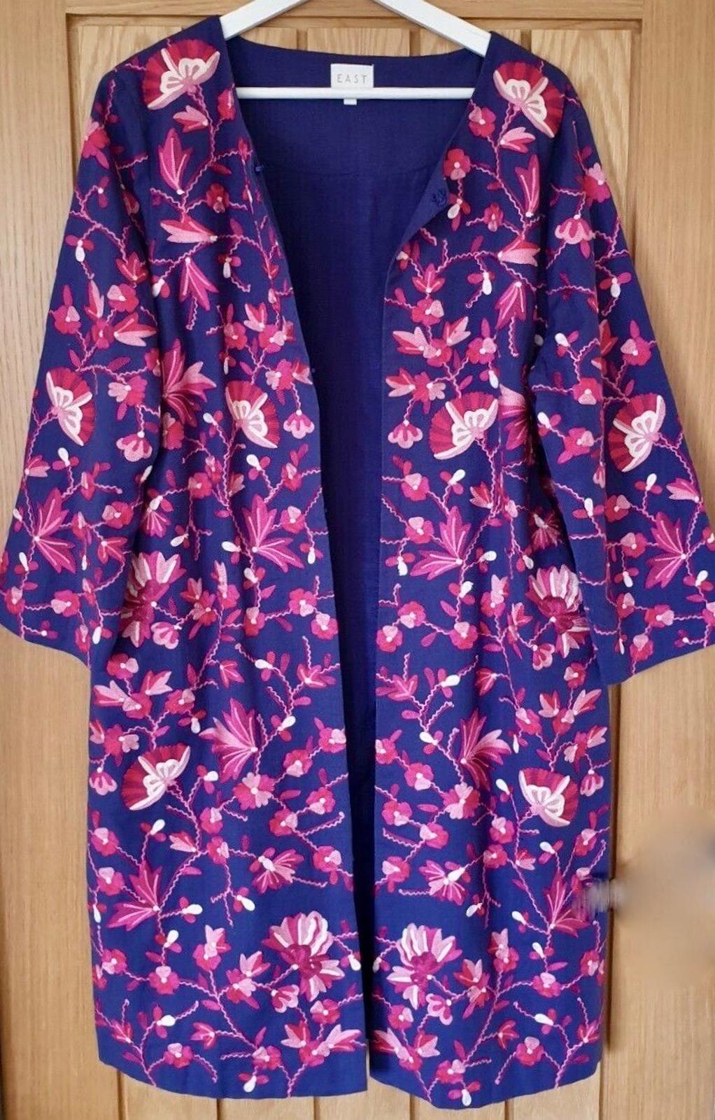 EAST Coat S/M Blue & Pink  Embroidered Cotton & Linen Midi Length Round Neck