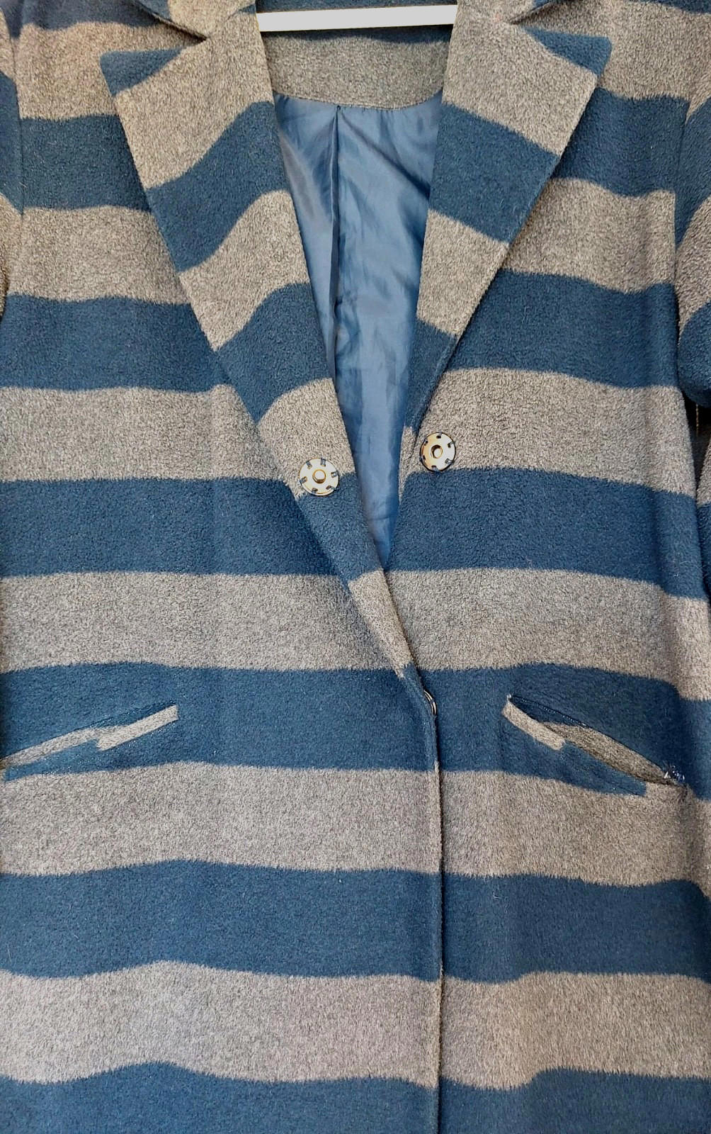 M&S Limited Edition Coat 12 Navy & Grey Stripe Pockets Lined Fleece Style Fabric