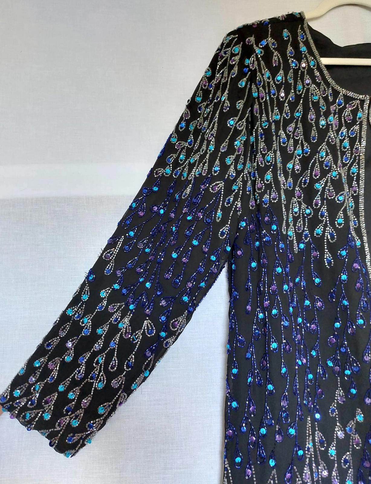 Evening Jacket 22 Black Blue Sequins Beads Lined Long Sleeves Midi Length