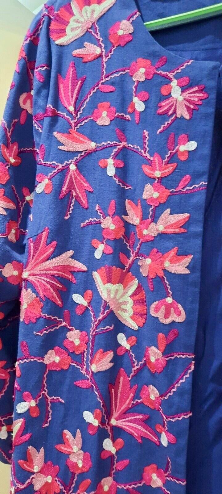 EAST Coat S/M Blue & Pink  Embroidered Cotton & Linen Midi Length Round Neck