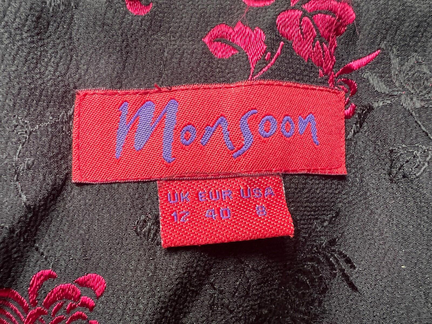 EAST Coat 12 Black Fuchsia Silk Blend Floral Textured Oriental Lined Long Sleeves