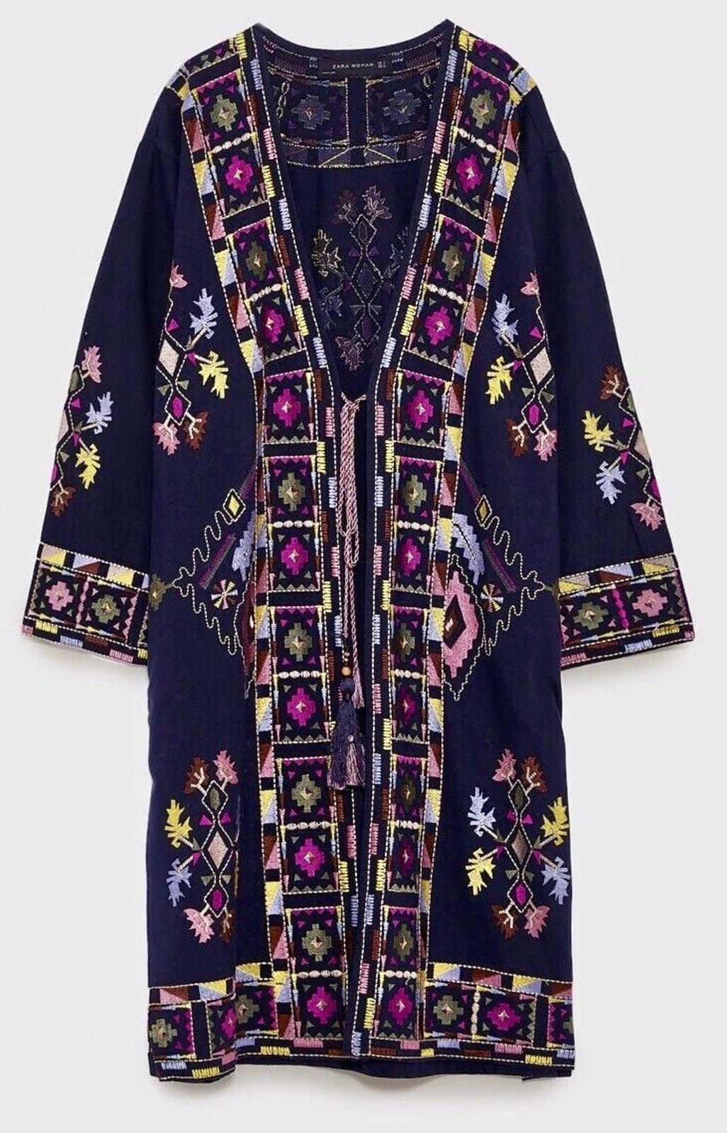 ZARA Coat XS Blue Cotton Embroidered Boho Ethnic Kimono Jacket Long Sleeves