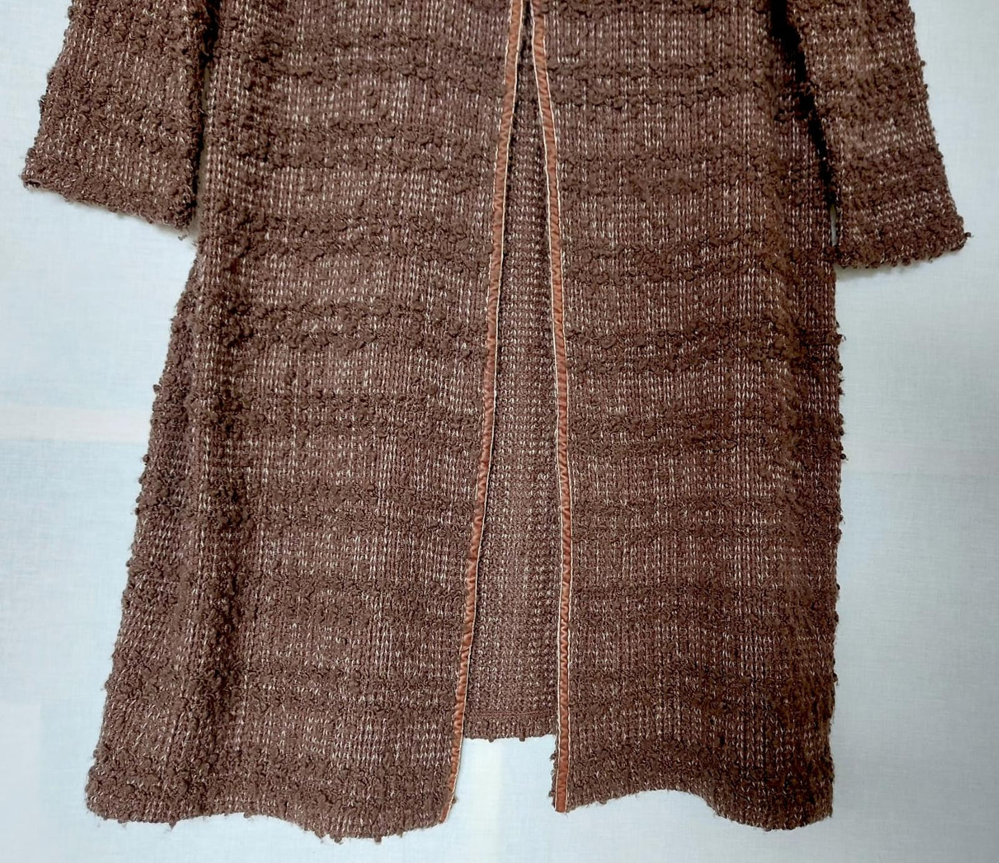 MONSOON Coatigan 20 Brown Wool Blend Velvet Trim Knitted Button Long Sleeves