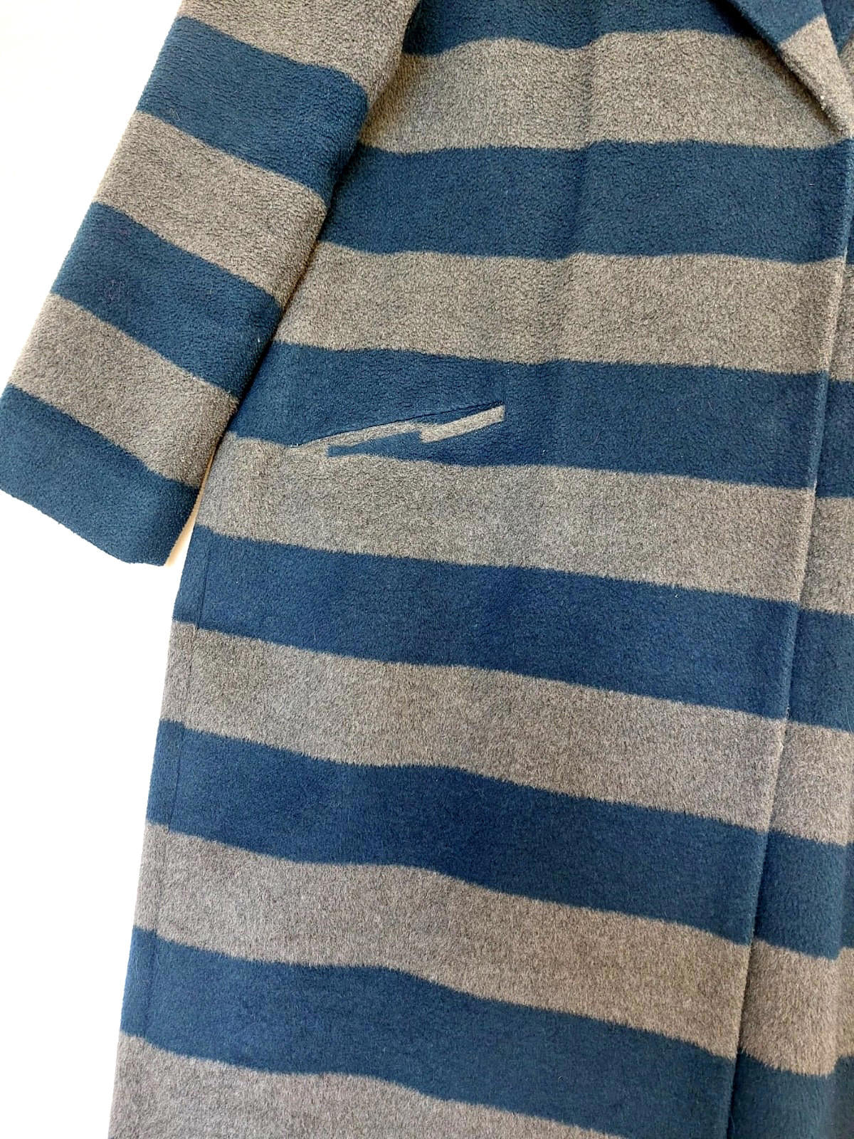 M&S Limited Edition Coat 12 Navy & Grey Stripe Pockets Lined Fleece Style Fabric