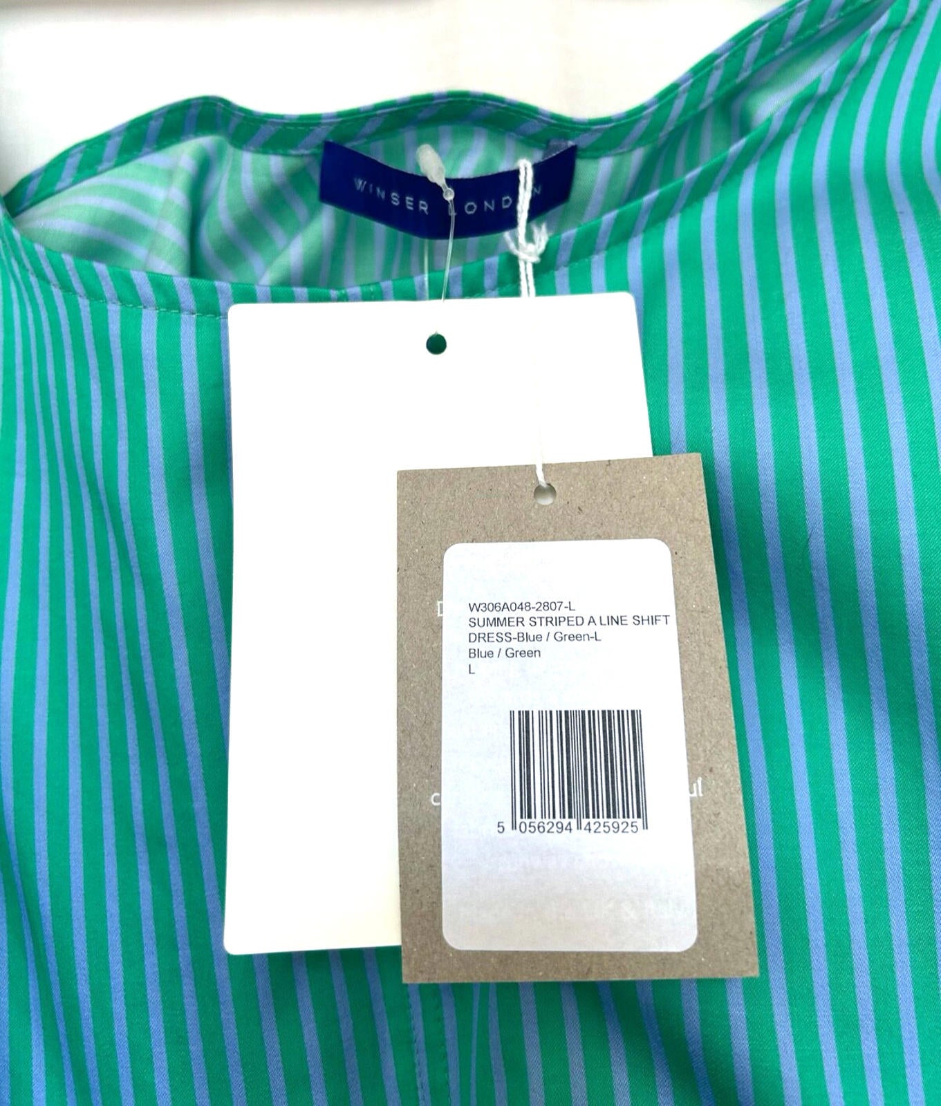 WINSER LONDON Dress L Blue & Green Cotton Striped A-Line Sleeveless BNWT