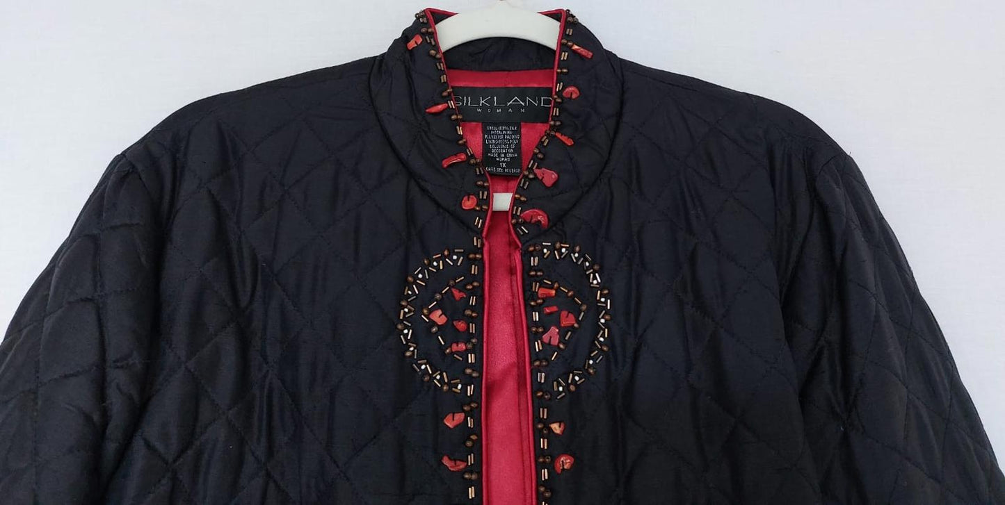SILKLAND Jacket XL Black 100% Silk Beads Stones Lined Long Sleeves