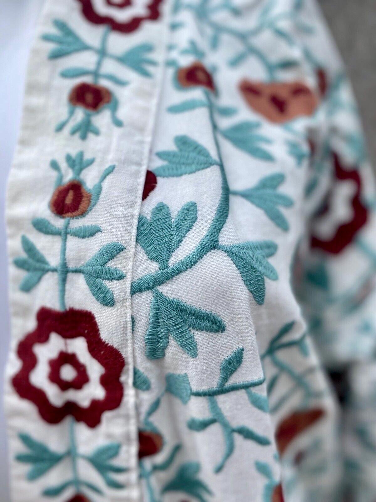 ZARA Coat Kimono Large Boho Embroidered Linen Floral Oversized Belted