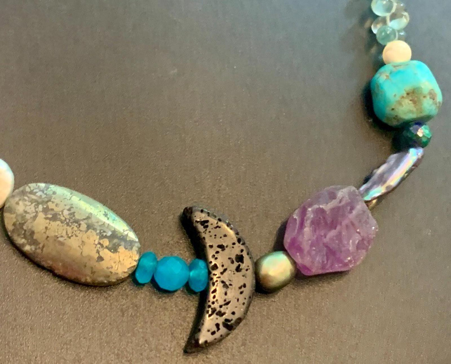 Necklace Rhodochrosite, Lava, Pyrite, Fluorite, Pearl, Turquoise, Charoite