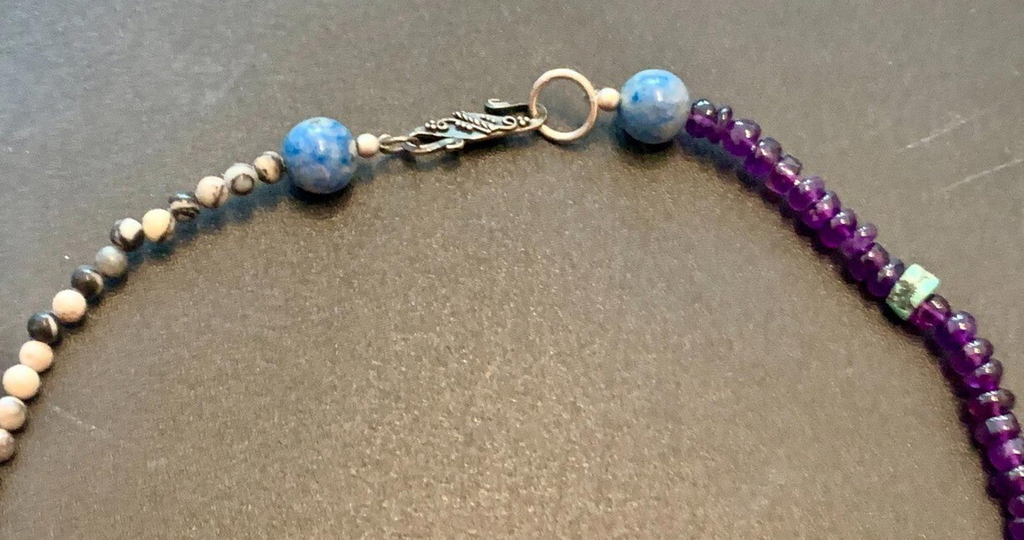 Necklace Mexican Crazy Lace Agate, Prehnite, Ruby, Pearl, Turquoise, Bali