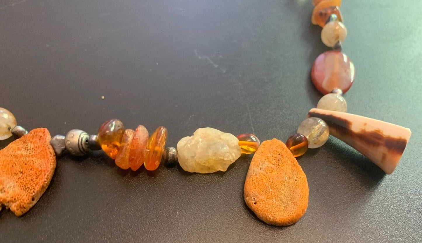 Necklace Sunstone Raw Coral Amber Carnelian Pearl Citrine 22 ins