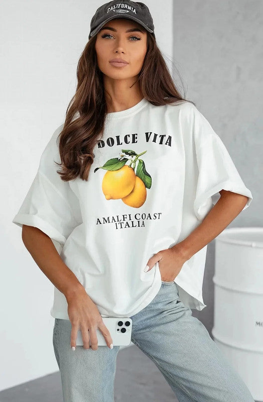 Cotton T-Shirt OS White 'La Dolce Vita Amalfi Coast Italia' Graphic Lemon Top BNWT
