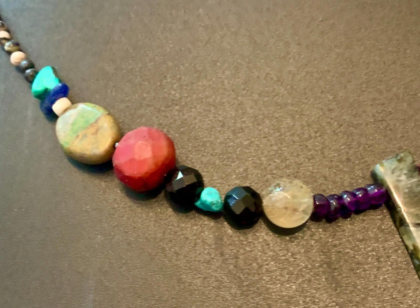 Necklace Mexican Crazy Lace Agate, Prehnite, Ruby, Pearl, Turquoise, Bali