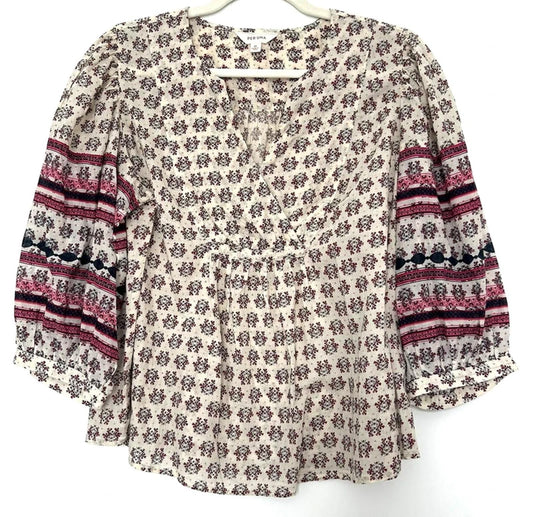Per Una Tunic Top Medium Cotton Block Printed Faux Wrap Contrast Sleeves
