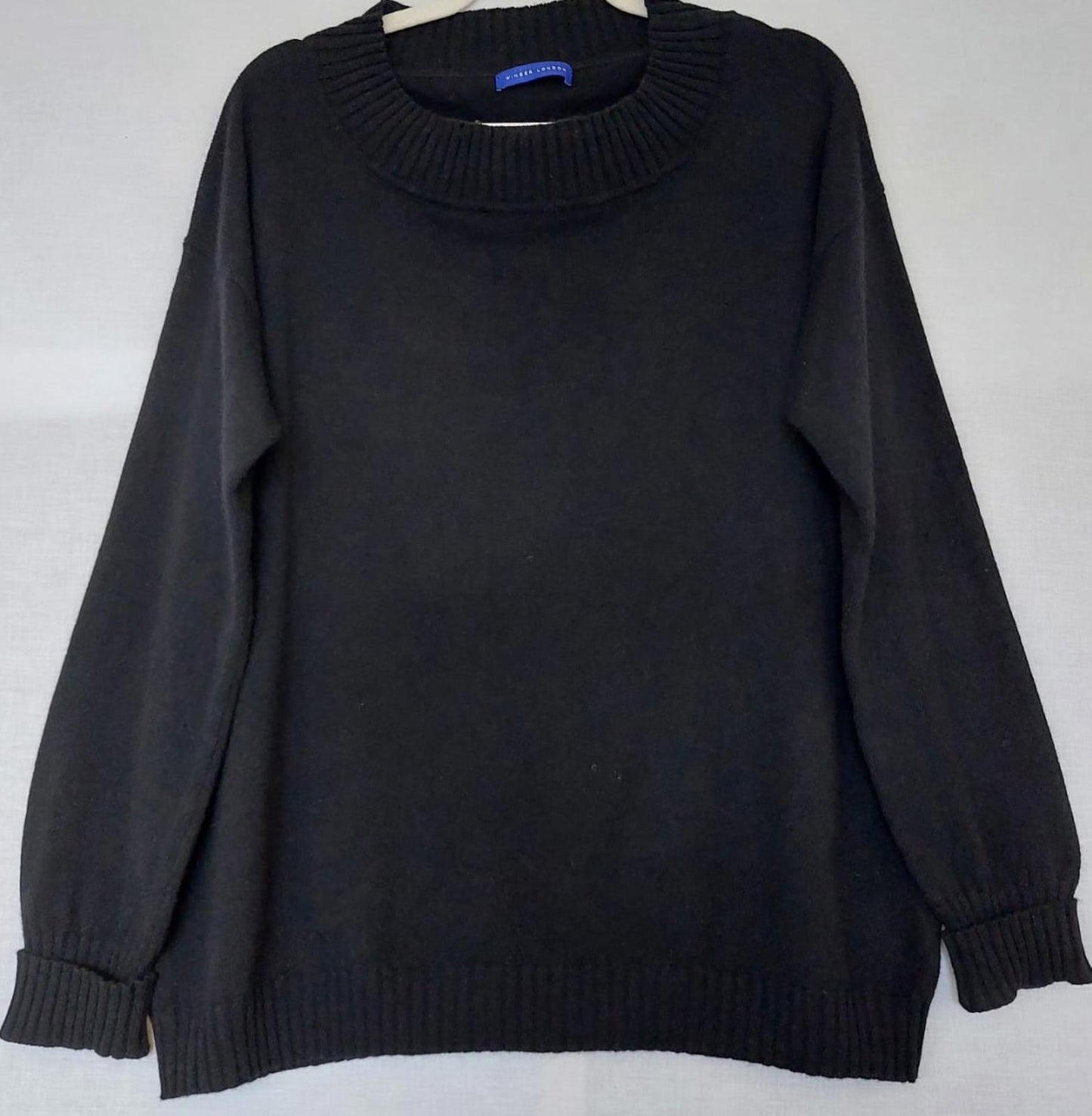 WINSER LONDON Large Black 100% Cashmere Jumper Ribbed Collar Cuffs & Hem