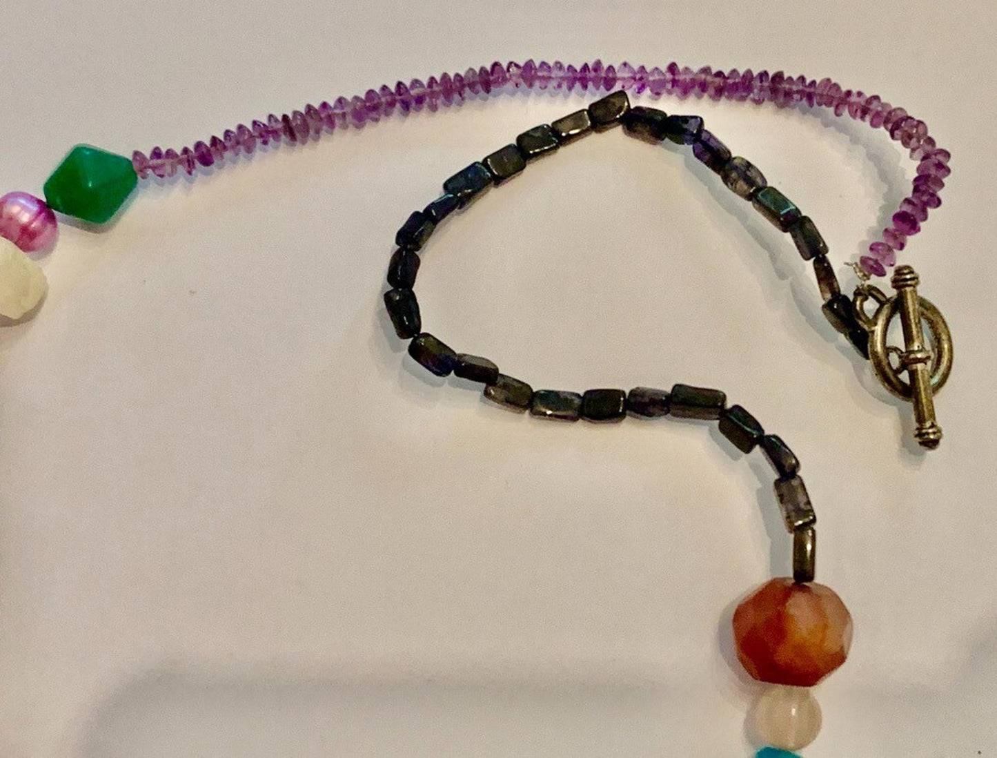 Necklace Fluorite, Coral, Ruby, Turquoise, Hematite, Silver